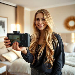 A young woman with long, blonde hair, standing in a stylishly decorated bedroom while recording a video