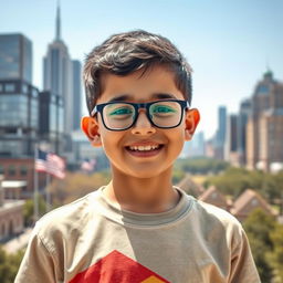 A portrait of a 14-year-old Iranian boy with a round face and a slightly chubby physique, wearing dark blue glasses