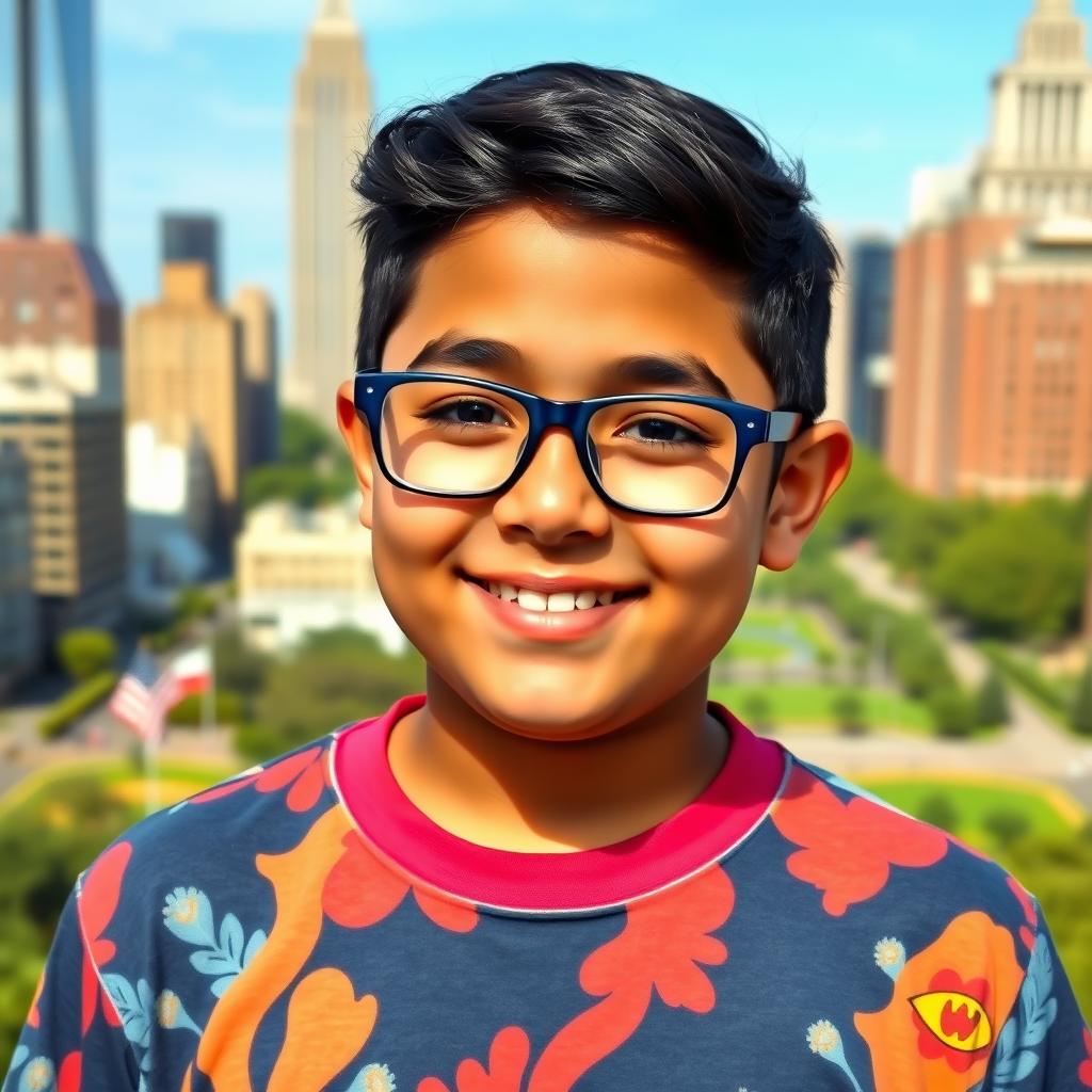 A portrait of a 14-year-old Iranian boy with a round face and a slightly chubby physique, wearing dark blue glasses