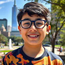 A portrait of a 14-year-old Iranian boy with a round face and a slightly chubby physique, wearing dark blue glasses