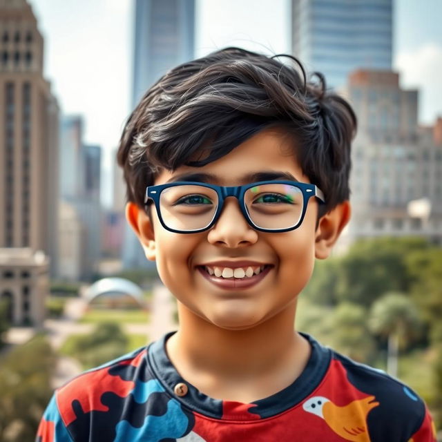 A portrait of a 14-year-old Iranian boy with a round face and a slightly chubby physique, wearing dark blue glasses