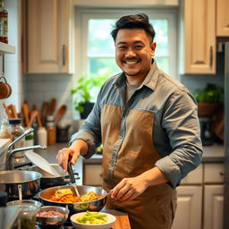 An over 30 Asian man with a husky build, exuding kindness and warmth