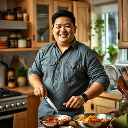 An over 30 Asian man with a husky build, exuding kindness and warmth