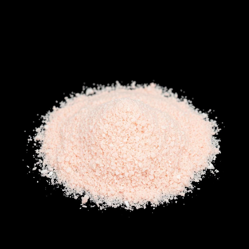 A heap of pink salt powder, vibrant in color, completely spread out, occupying the foreground of the image