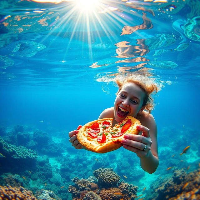 An underwater scene featuring a person happily swimming and taking a bite of pizza while submerged in vibrant blue water