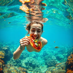 An underwater scene featuring a person happily swimming and taking a bite of pizza while submerged in vibrant blue water
