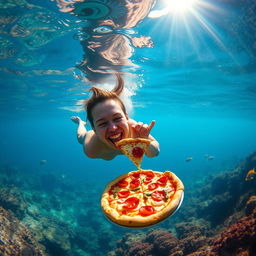 An underwater scene featuring a person happily swimming and taking a bite of pizza while submerged in vibrant blue water