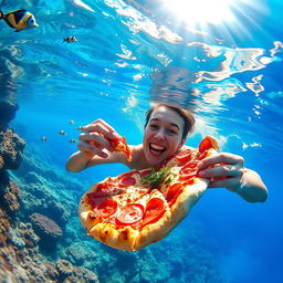 An underwater scene featuring a person happily swimming and taking a bite of pizza while submerged in vibrant blue water