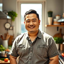 A portrait of a kind, over 30 Asian man with a husky build, standing in a warmly lit kitchen