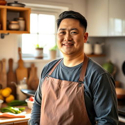 A portrait of a kind, over 30 Asian man with a husky build, standing in a warmly lit kitchen