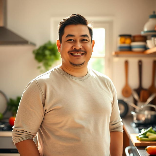 A portrait of a kind, over 30 Asian man with a husky build, standing in a warmly lit kitchen