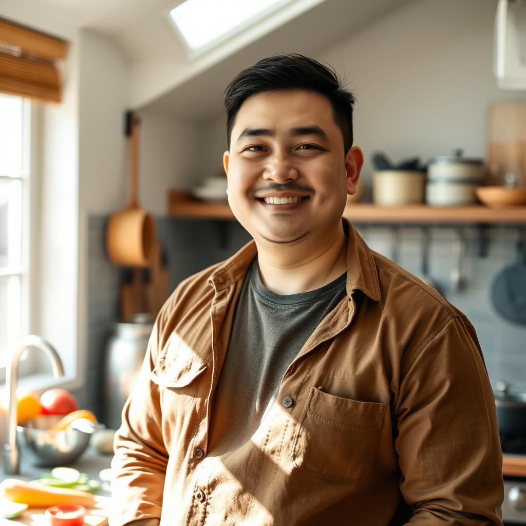 A portrait of a kind, over 30 Asian man with a husky build, standing in a warmly lit kitchen