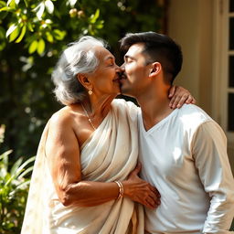 An elderly woman, dressed elegantly in a soft, flowing white saree that drapes over her form, is sharing a tender kiss with a young man