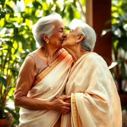 An elderly woman, dressed elegantly in a soft, flowing white saree that drapes over her form, is sharing a tender kiss with a young man