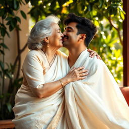 An elderly woman, dressed elegantly in a soft, flowing white saree that drapes over her form, is sharing a tender kiss with a young man