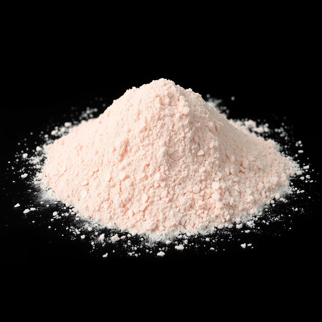 A mound of very fine pink salt powder, completely powdered with no lumps visible, spread evenly on the ground