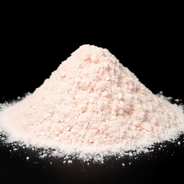 A mound of very fine pink salt powder, completely powdered with no lumps visible, spread evenly on the ground