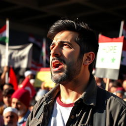 A portrait of Abdelbasset Al Sarout, a male figure with a determined expression, wearing casual clothing reflective of the Syrian culture, speaking passionately at a rally