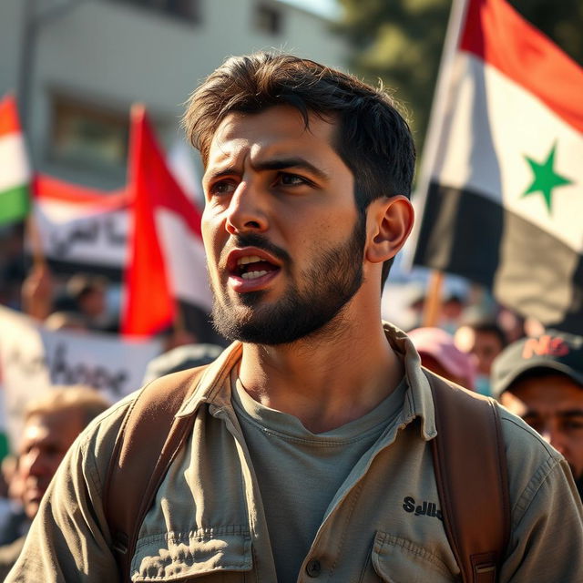 A portrait of Abdelbasset Al Sarout, a male figure with a determined expression, wearing casual clothing reflective of the Syrian culture, speaking passionately at a rally