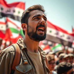 A portrait of Abdelbasset Al Sarout, a male figure with a determined expression, wearing casual clothing reflective of the Syrian culture, speaking passionately at a rally