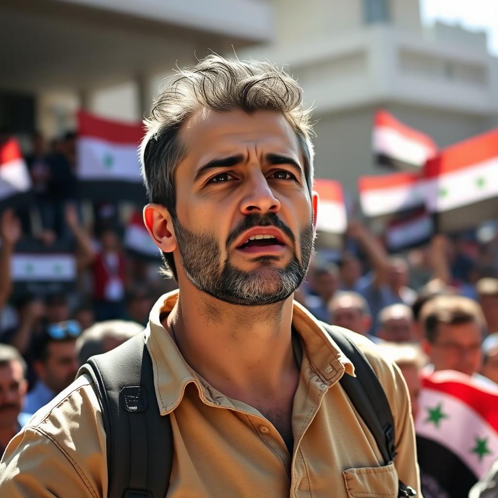 A portrait of Abdelbasset Al Sarout, a male figure with a determined expression, wearing casual clothing reflective of the Syrian culture, speaking passionately at a rally