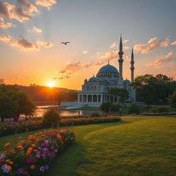 A serene landscape featuring an ornate mosque with intricate architectural details, surrounded by lush greenery and a tranquil lake