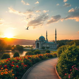 A serene landscape featuring an ornate mosque with intricate architectural details, surrounded by lush greenery and a tranquil lake