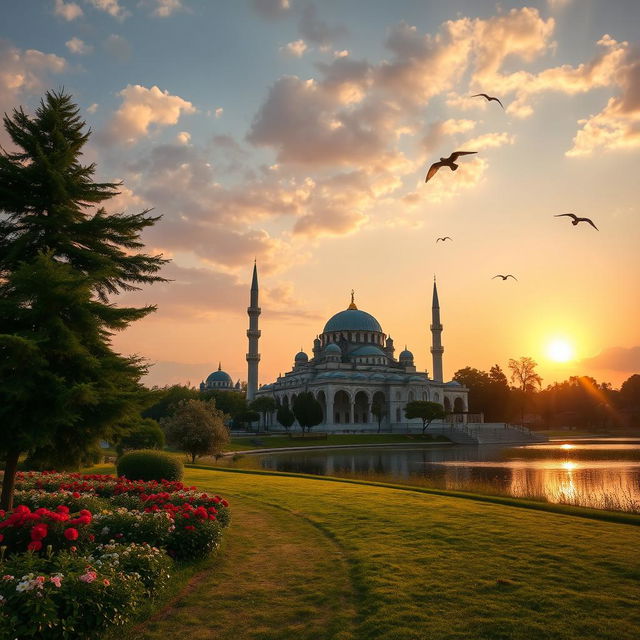 A serene landscape featuring an ornate mosque with intricate architectural details, surrounded by lush greenery and a tranquil lake