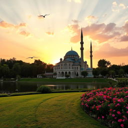 A serene landscape featuring an ornate mosque with intricate architectural details, surrounded by lush greenery and a tranquil lake