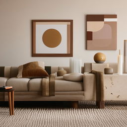 Effortlessly stylish and trendy interior design for a modern living room with a mix of contemporary furniture pieces, art-details, and cozy accents set in soothing earth-tones.