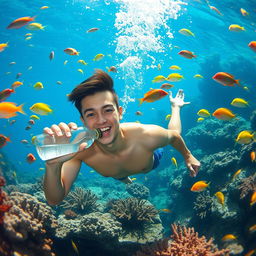 A young man diving underwater, gracefully surrounded by a variety of vibrant fish and colorful coral