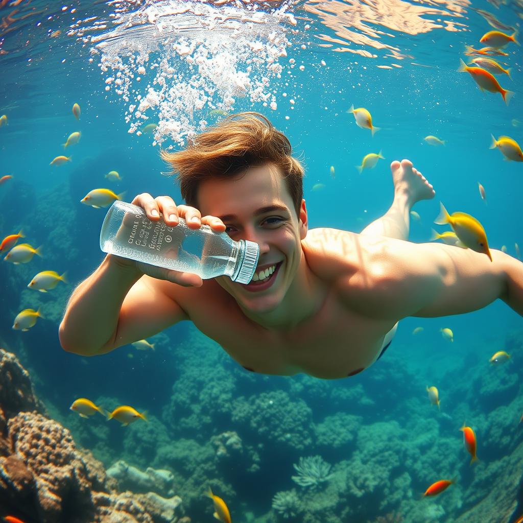 A young man diving underwater, gracefully surrounded by a variety of vibrant fish and colorful coral