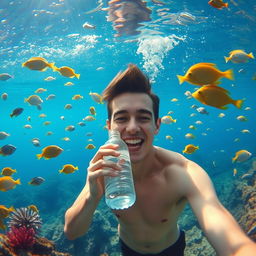 A young man diving underwater, gracefully surrounded by a variety of vibrant fish and colorful coral
