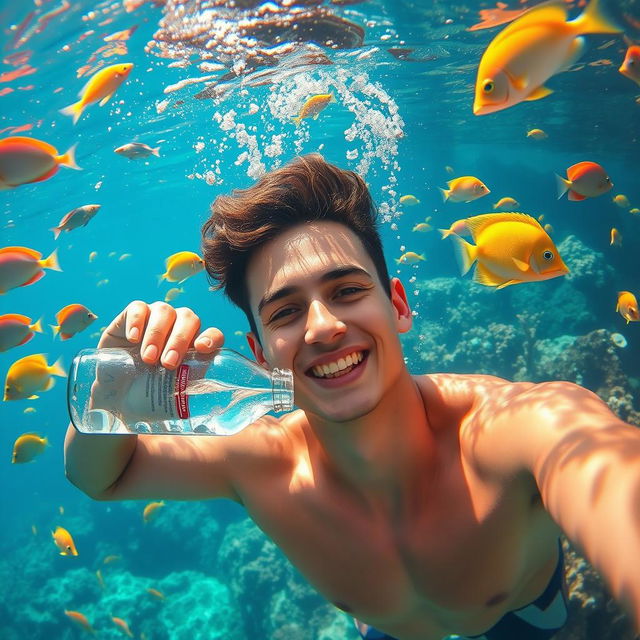 A young man diving underwater, gracefully surrounded by a variety of vibrant fish and colorful coral