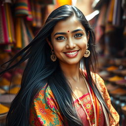 A stunning portrait of a young Indian woman with long, flowing black hair and deep black eyes