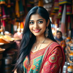 A stunning portrait of a young Indian woman with long, flowing black hair and deep black eyes