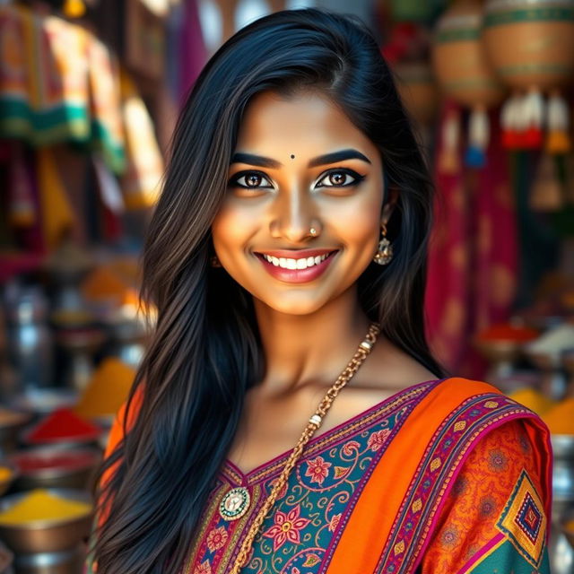 A stunning portrait of a young Indian woman with long, flowing black hair and deep black eyes