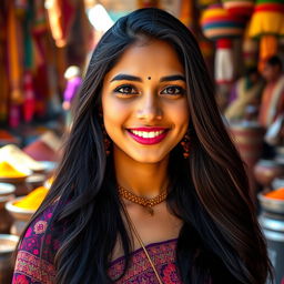 A stunning portrait of a young Indian woman with long, flowing black hair and deep black eyes