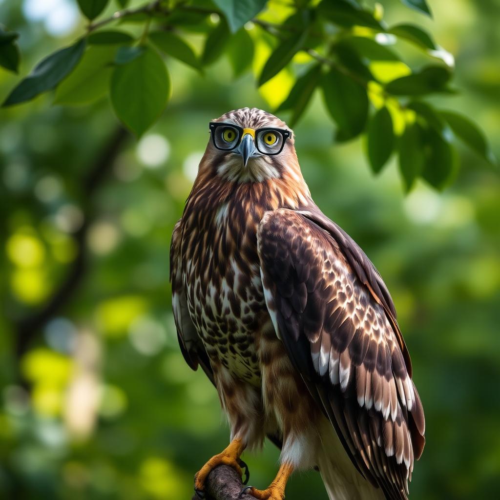 A majestic hawk wearing stylish glasses, perched majestically on a branch