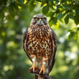 A majestic hawk wearing stylish glasses, perched majestically on a branch