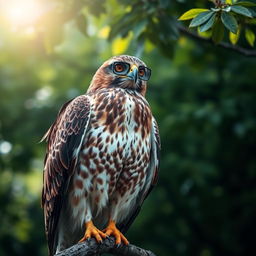 A majestic hawk wearing stylish glasses, perched majestically on a branch