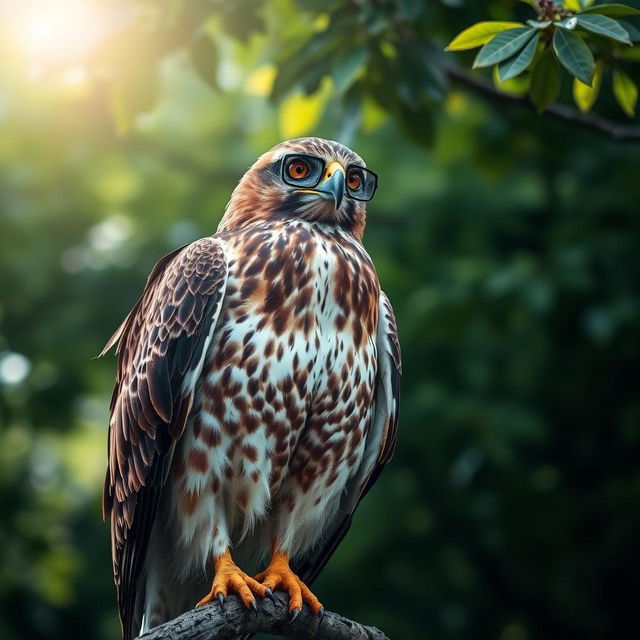 A majestic hawk wearing stylish glasses, perched majestically on a branch