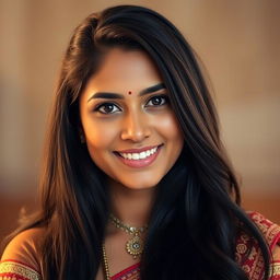 A portrait of a beautiful Indian woman with long, flowing black hair and striking black eyes