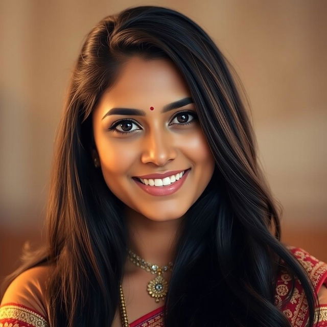 A portrait of a beautiful Indian woman with long, flowing black hair and striking black eyes