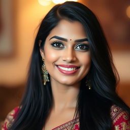 A portrait of a beautiful Indian woman with long, flowing black hair and striking black eyes