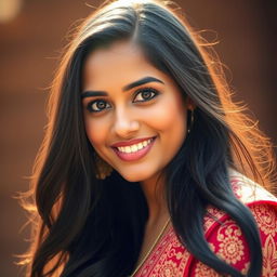 A portrait of a beautiful Indian woman with long, flowing black hair and striking black eyes