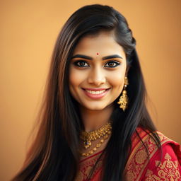 A portrait of a beautiful Indian woman with long, flowing black hair and striking black eyes