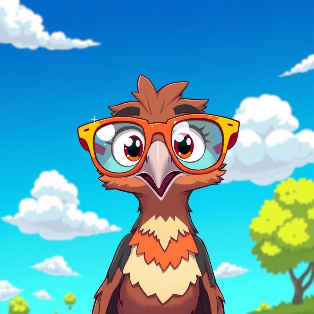 An anime-style hawk wearing oversized, colorful glasses, set against a vibrant blue sky with fluffy clouds