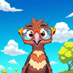 An anime-style hawk wearing oversized, colorful glasses, set against a vibrant blue sky with fluffy clouds