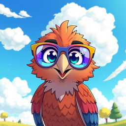 An anime-style hawk wearing oversized, colorful glasses, set against a vibrant blue sky with fluffy clouds